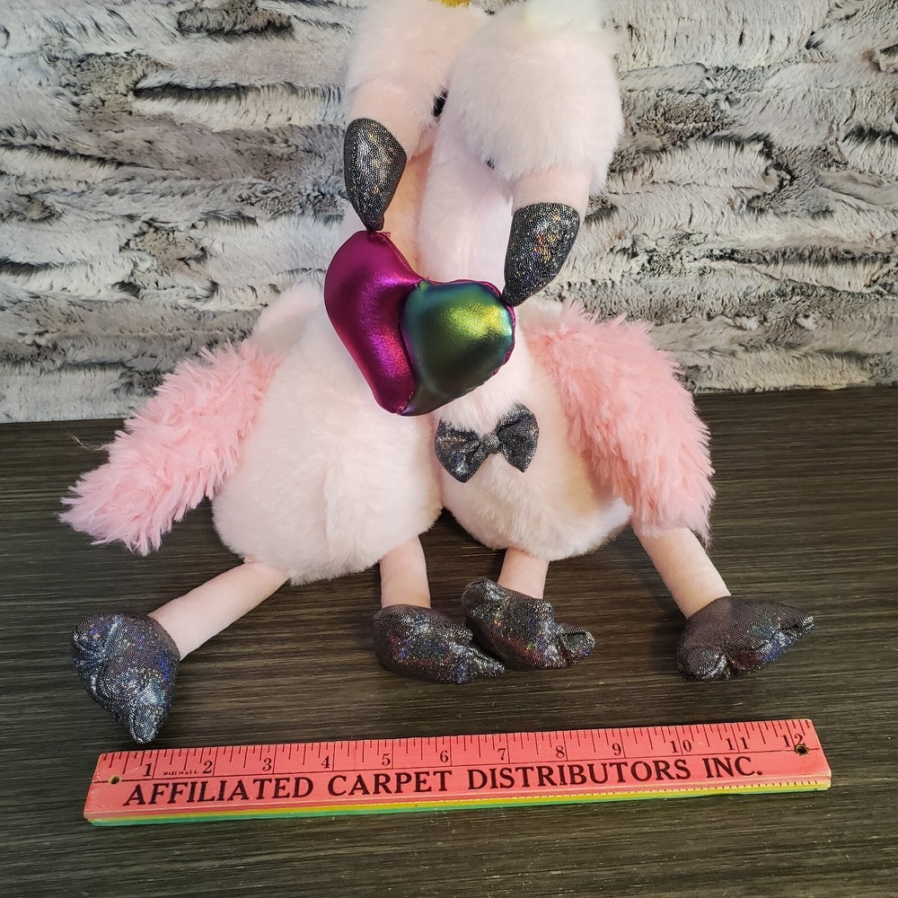 Valentine's Day Boy & Girl Flamingo Plush Stuffed Animal Holding Metallic Heart - Picture 7 of 8